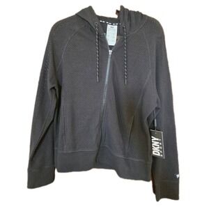 DKNY Full Zip Hoodie Active Mesh Womens Medium Black Stretch Drawstring NWT